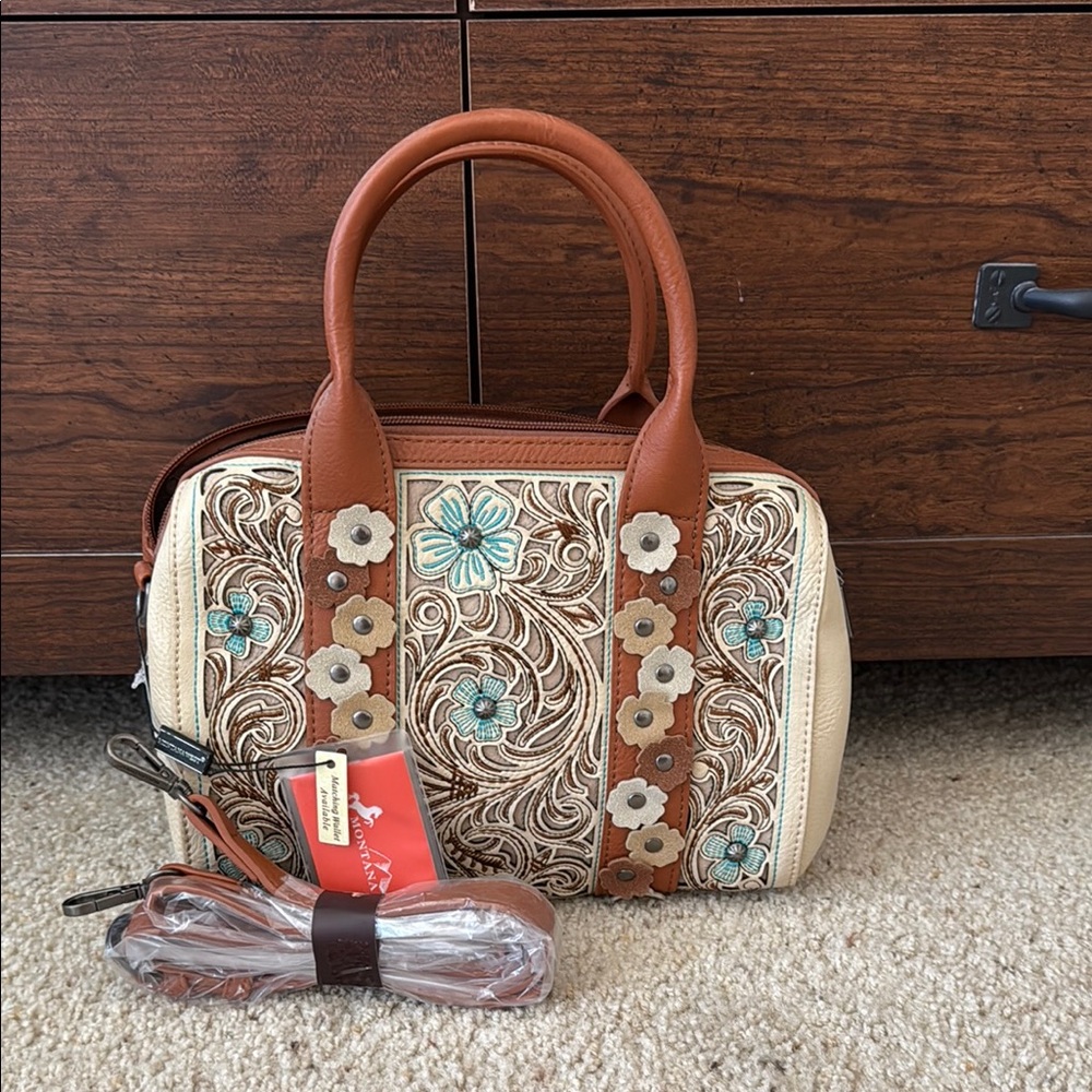 Montana West Women's Floral Embroidered Tan and Brown Handbag
